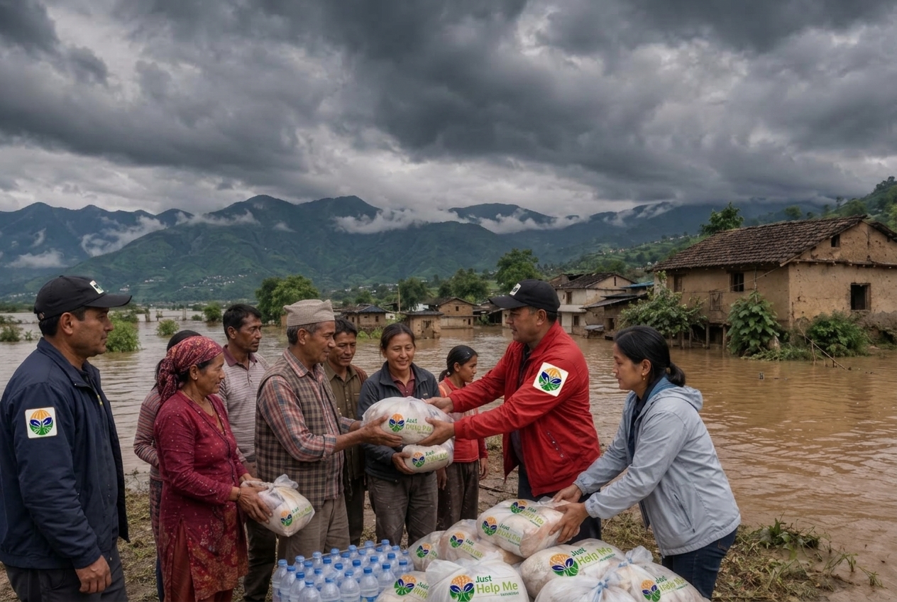 JHMF disaster relief teams distributing emergency ration kits and potable drinking water to flood-affected families